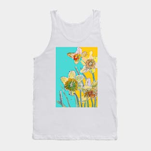 Abstract Yellow Daffodil Watercolor Pattern on Aqua Tank Top